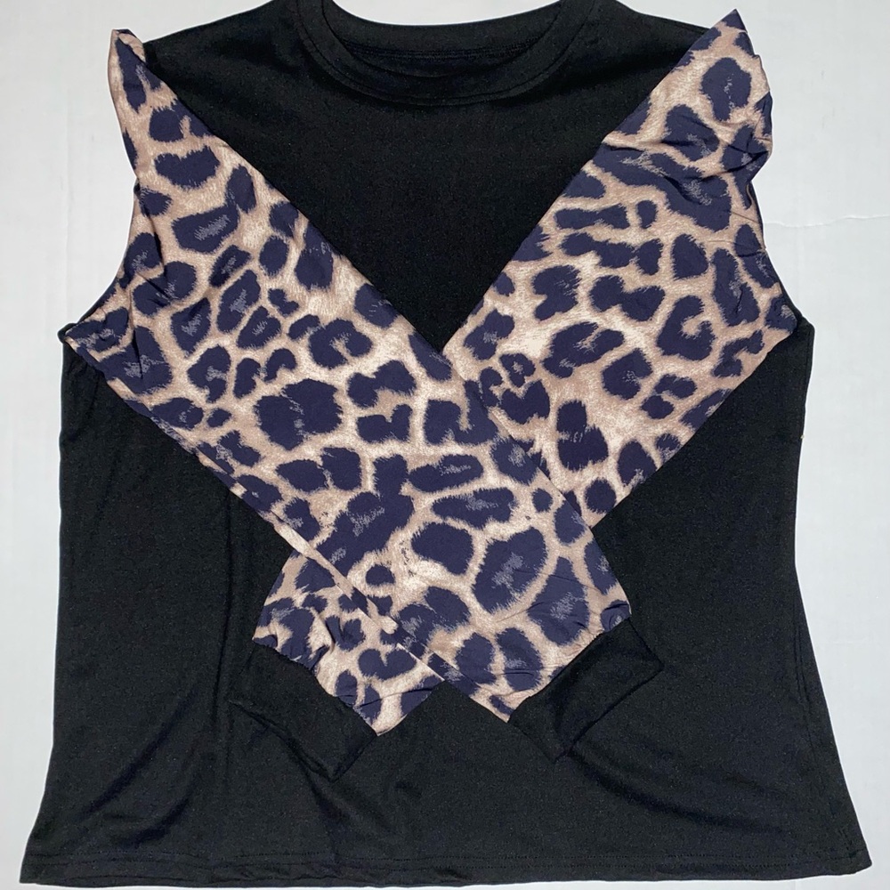 Stylish Black Long Sleeve Top with Leopard Print Sleeves
